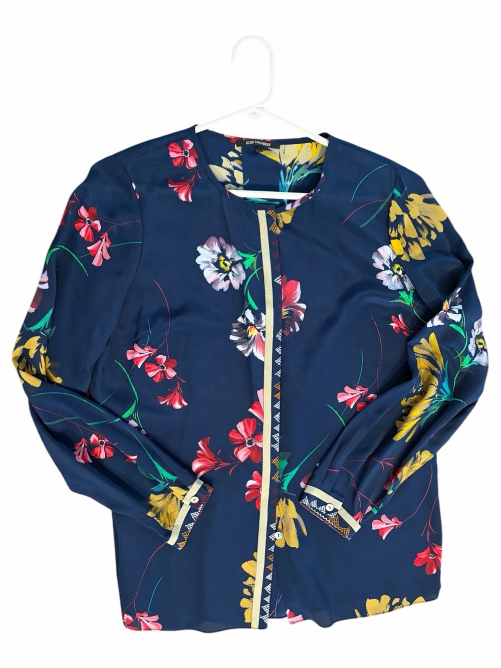 Kobi Halperin 100% Silk Floral Blouse Top Navy Blue Size S